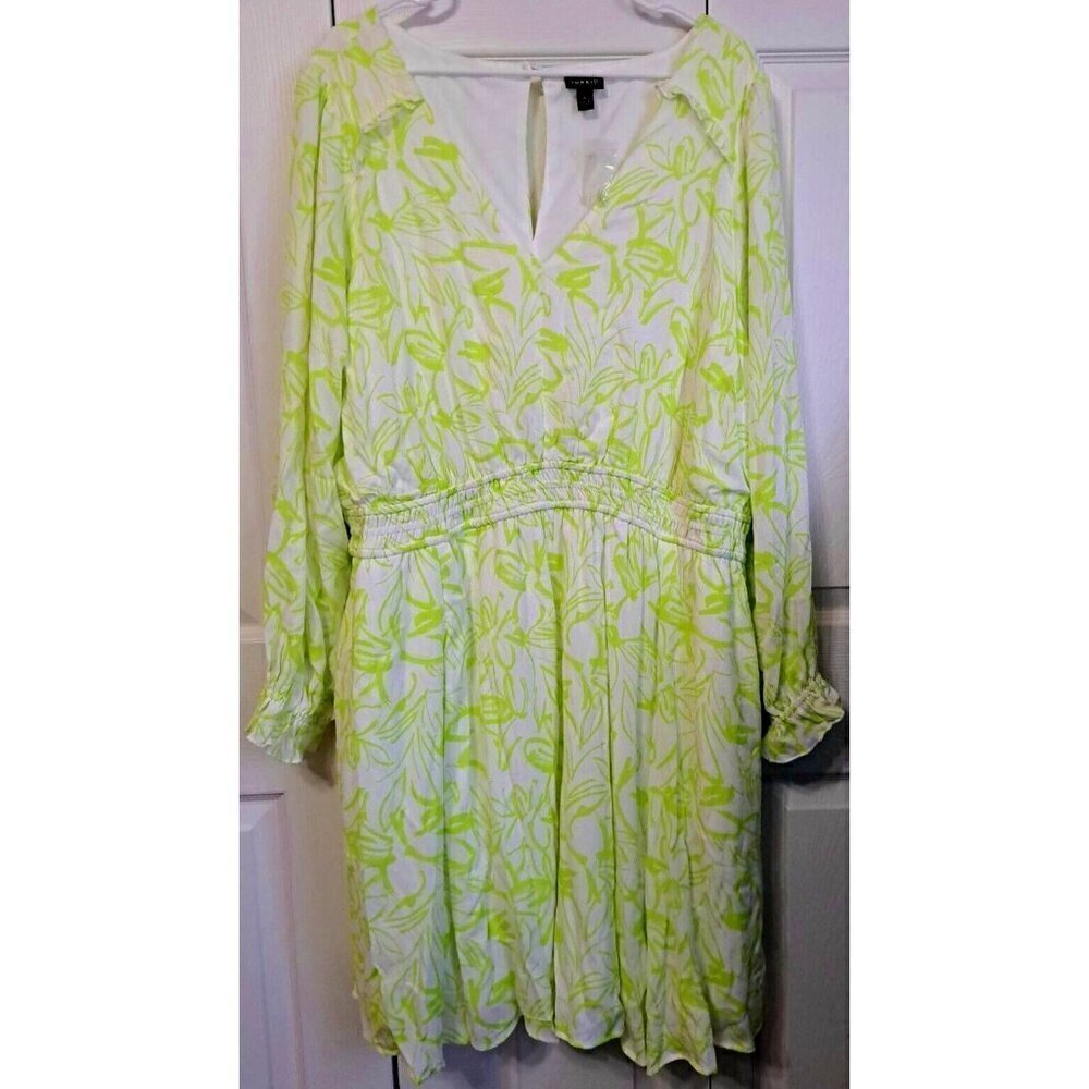 Torrid Women's 4 (4XL) Green White Print Long Sleeve V-Neck Dress New W/O Tags
